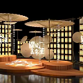 Chinese Style Carnival Stage with Wooden Platforms Lantern Backdrops and Umbrella Shaped Decor