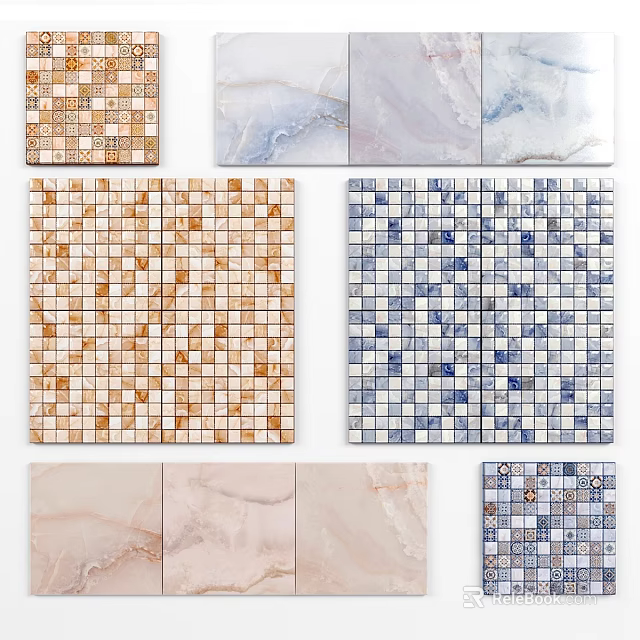 Ceramic Tiles With Mosaic Patterns And Marble Textures In Various Colors 3d model