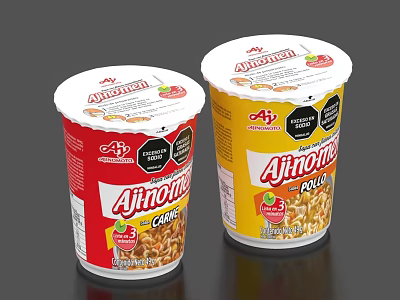 Ajimoto Cup Noodles with Hot Taste and Curry Flavors in Red and Yellow Packaging 3d model