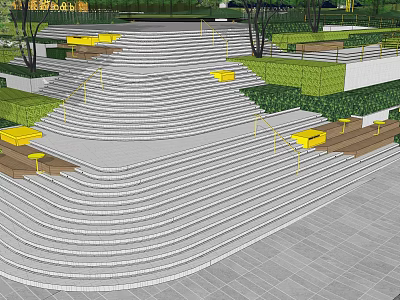 Modern Park Landscape With Curved Steps Yellow Benches Green Lawn And Trees 3d model