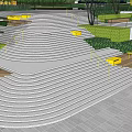 Modern Park Landscape With Curved Steps Yellow Benches Green Lawn And Trees