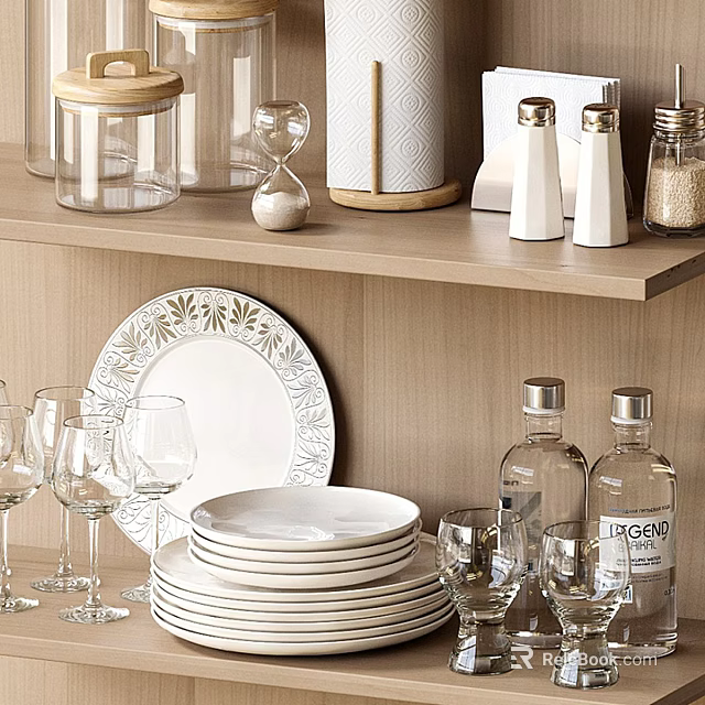 Tableware Set with White Plates Wine Glasses Glass Cups Salt Pepper Shakers on Wooden Shelf 3d model 