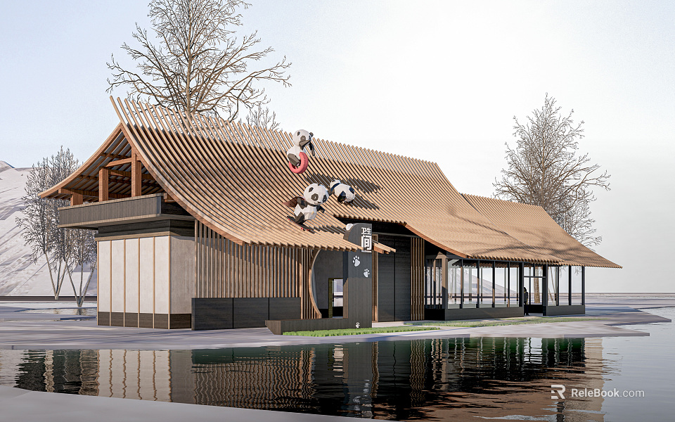 Traditional Chinese Wooden Building With Panda Decorations On Roof And Waterfront Setting 3d model 