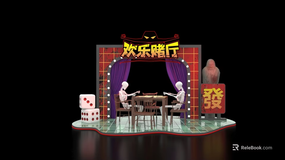 Happy Gambling Hall Themed Photo Spot With Skeletons Playing Mahjong Dice And Fortune Symbol Decorations 3d model 