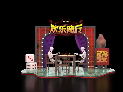 Happy Gambling Hall Themed Photo Spot With Skeletons Playing Mahjong Dice And Fortune Symbol Decorations 3d model