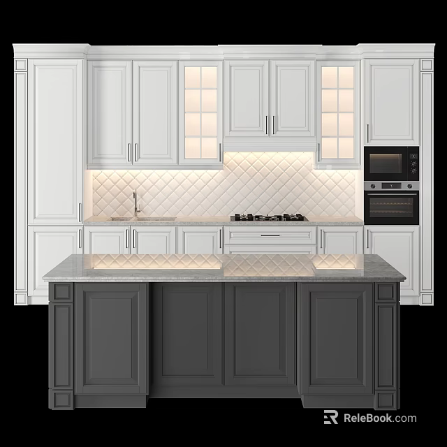 Modern Kitchen Interior With White Cabinets Gray Island Herringbone Tile And Built In Appliances 3d model 