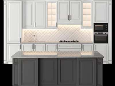 Modern Kitchen Interior With White Cabinets Gray Island Herringbone Tile And Built In Appliances 3d model
