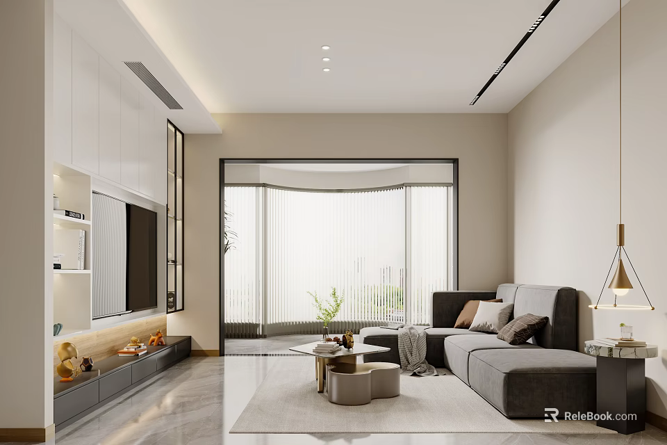 Modern Living and Dining Area Interior With White Cabinets TV Wall and Gray Sofa 3d model 