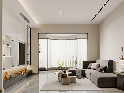Modern Living and Dining Area Interior With White Cabinets TV Wall and Gray Sofa 3d model