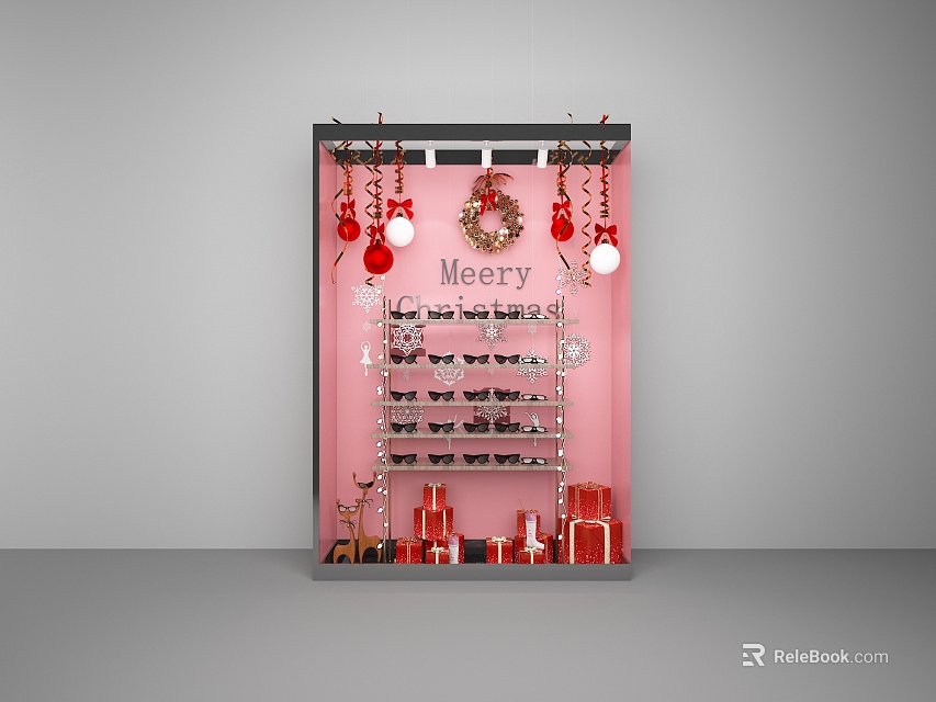 Festive Christmas Shop Window Display With Red Ornaments Wreath And Gift Boxes 3d model 