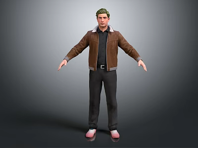 Standing 3D Human Character Model Wearing Brown Jacket Black Shirt Green Headwear 3d model