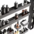 Stylish Bathroom Accessories Organized On Black Shelves With Soap Dispensers Lotion Bottles And Diffusers
