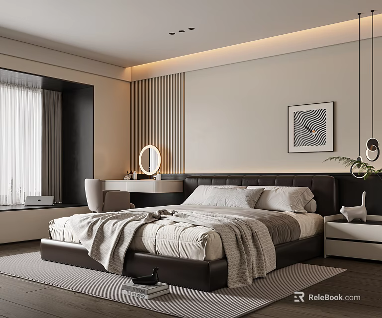 Modern Bedroom Interior Design Featuring Large Bed Plush Pillows And Framed Artwork 3d model