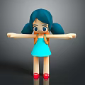 Cute Cartoon Girl Character With Teal Pigtails Blue Dress Red Shoes And Outstretched Arms