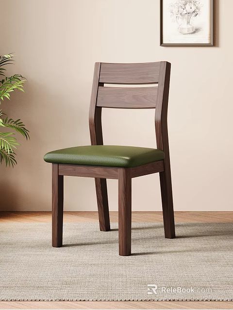 Walnut Wooden Dining Chair With Slatted Back Green Leather Seat And Potted Plant 3d model 