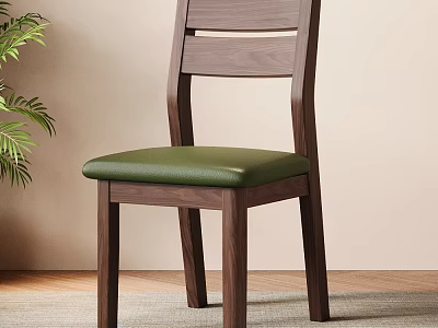 Walnut Wooden Dining Chair With Slatted Back Green Leather Seat And Potted Plant 3d model