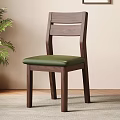 Walnut Wooden Dining Chair With Slatted Back Green Leather Seat And Potted Plant