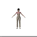 Woman Wearing Pink Top And Beige Overalls With Arms Outstretched Against Black Background