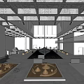 Modern Minimalist Exhibition Hall Interior With Concrete Ceiling Skylights And Sculptural Displays