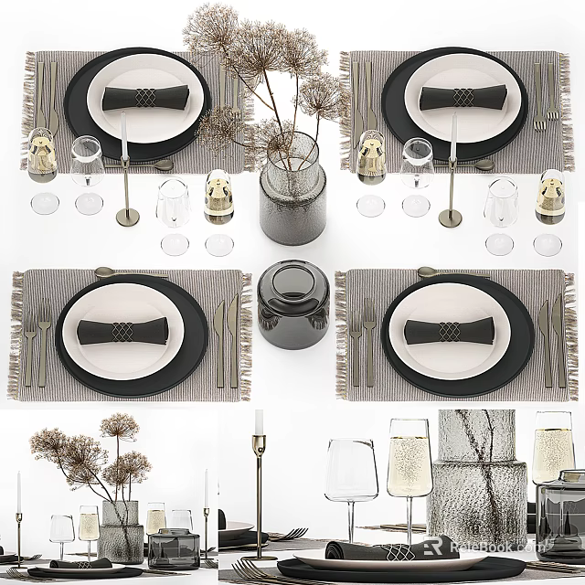 Stylish Tableware Set Featuring White Plates Black Napkins Silver Cutlery Wine Glasses And Candle Holders 3d model 