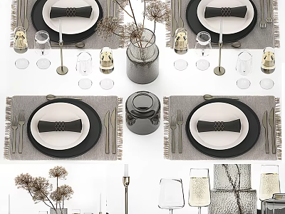 Stylish Tableware Set Featuring White Plates Black Napkins Silver Cutlery Wine Glasses And Candle Holders 3d model