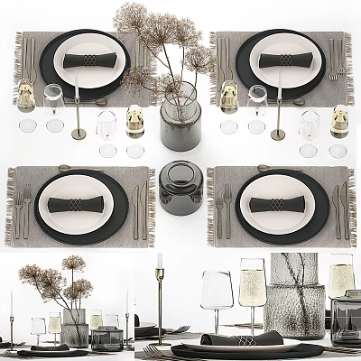 Stylish Tableware Set Featuring White Plates Black Napkins Silver Cutlery Wine Glasses And Candle Holders 3d model