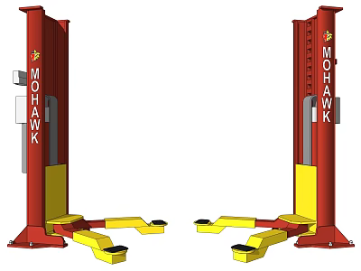 MOHAWK Two Post Car Lift Industrial Equipment With Red Columns And Yellow Support Arms 3d model