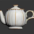 White Ceramic Teapot With Gold Trim Pumpkin Shape Scalloped Lid And Curved Handle