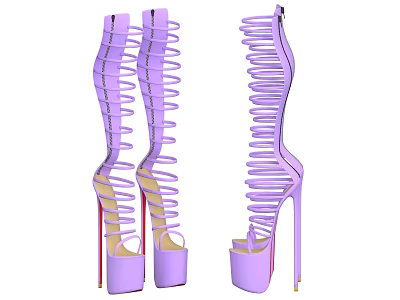 Purple Strappy Open Toe High Heel Shoes With Stiletto Heels And Platform Soles Design 3d model