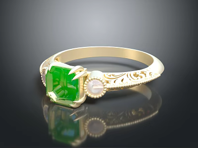 Gold Ring With Green Square Gemstone And White Stone Carved Pattern Design 3d model