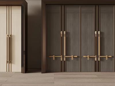 Modern Wooden Double Doors With Sleek Brass Handles And Minimal Design 3d model