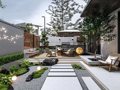 Modern Garden Design With Stone Path Green Plants Outdoor Seating And Lighting 3d model