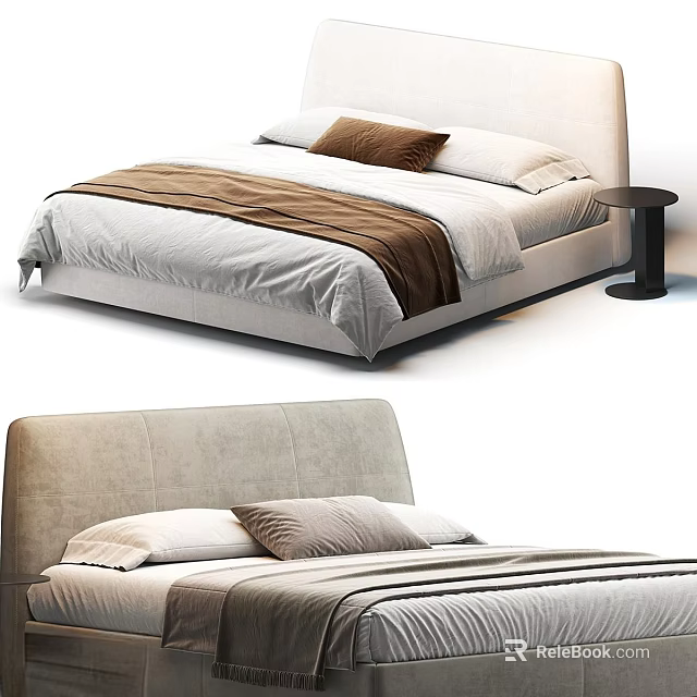 Modern Double Bed Interior With Upholstered Headboard Soft Bedding And Side Table 3d model 