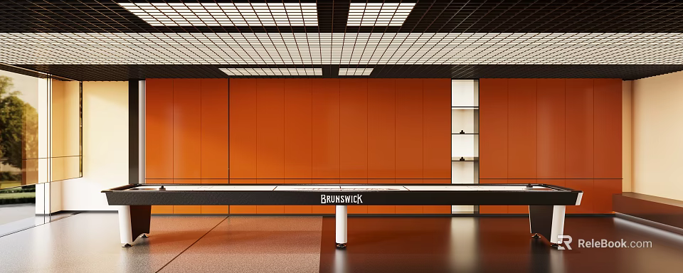 Elegant Club Interior Featuring Orange Walls Brunswick Pool Table And Grid Ceiling Lights 3d model