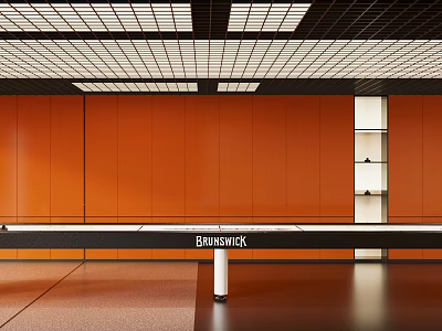 Elegant Club Interior Featuring Orange Walls Brunswick Pool Table And Grid Ceiling Lights 3d model