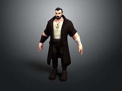 Bearded Man Wearing Black Long Coat White Shirt Cross Pendant Bandaged Arms Dark Pants Boots 3d model