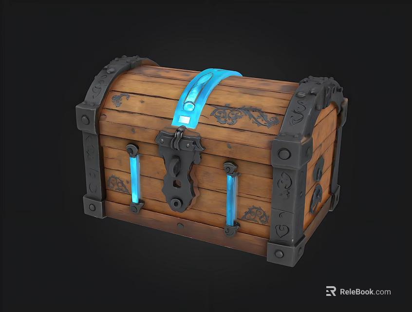 Wooden Treasure Chest With Blue Strap Metal Decorations And Carved Patterns 3d model 