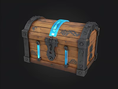 Wooden Treasure Chest With Blue Strap Metal Decorations And Carved Patterns 3d model