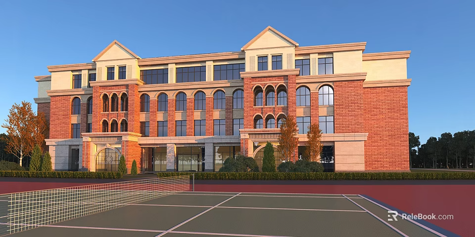 Red Brick School Building Featuring Arched Windows Front Tennis Court And Green Shrubs 3d model 