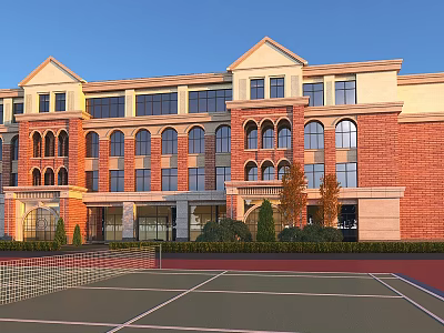 Red Brick School Building Featuring Arched Windows Front Tennis Court And Green Shrubs 3d model