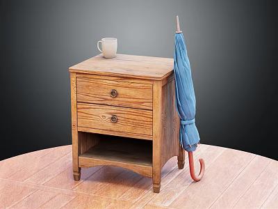 Wooden Nightstand With Two Drawers Open Shelf Blue Umbrella And White Mug On Wooden Floor 3d model