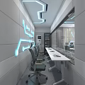 Modern School Classroom With Tech Screens Blue Lighting And Student Desks