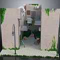 Cartoon Courtyard Scene With Green Vines On Walls Street Lamps Brick Floor And Tables