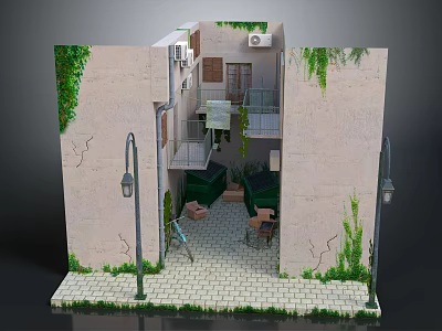 Cartoon Courtyard Scene With Green Vines On Walls Street Lamps Brick Floor And Tables 3d model