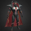 Man In Black And Red Outfit With Red Cape Gold Accents And Chest Emblem
