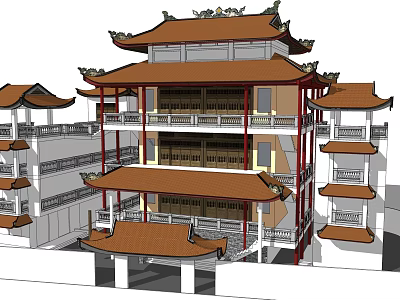 Ancient Chinese Architecture With Multi Story Structure Traditional Curved Roof And Overhanging Eaves 3d model