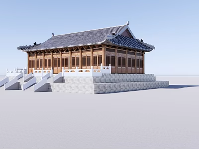 Ancient Architecture With Traditional Roof Overhanging Eaves And White Stone Steps Platform 3d model