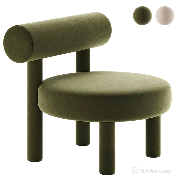 Olive Green Velvet Leisure Chair With Modern Minimalist Cylindrical Arms And Legs 3d model 