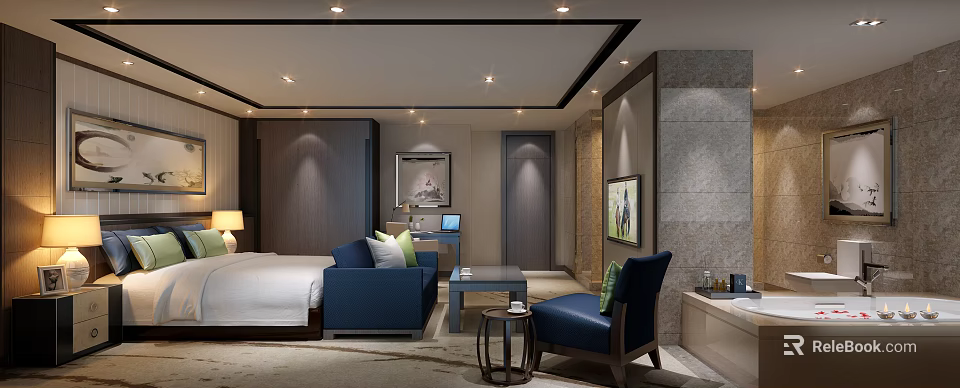 Modern Hotel Guest Room Interior With Comfortable Bed Blue Sofa And Decorative Paintings 3d model 