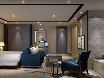 Modern Hotel Guest Room Interior With Comfortable Bed Blue Sofa And Decorative Paintings 3d model